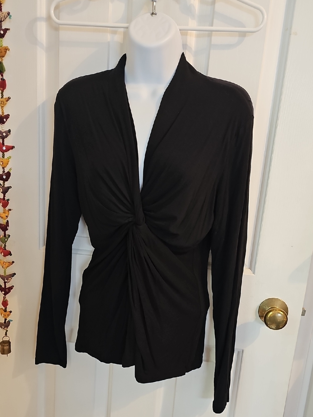Long Sleeve Black Top With Plunging Neckline And Twist Front M